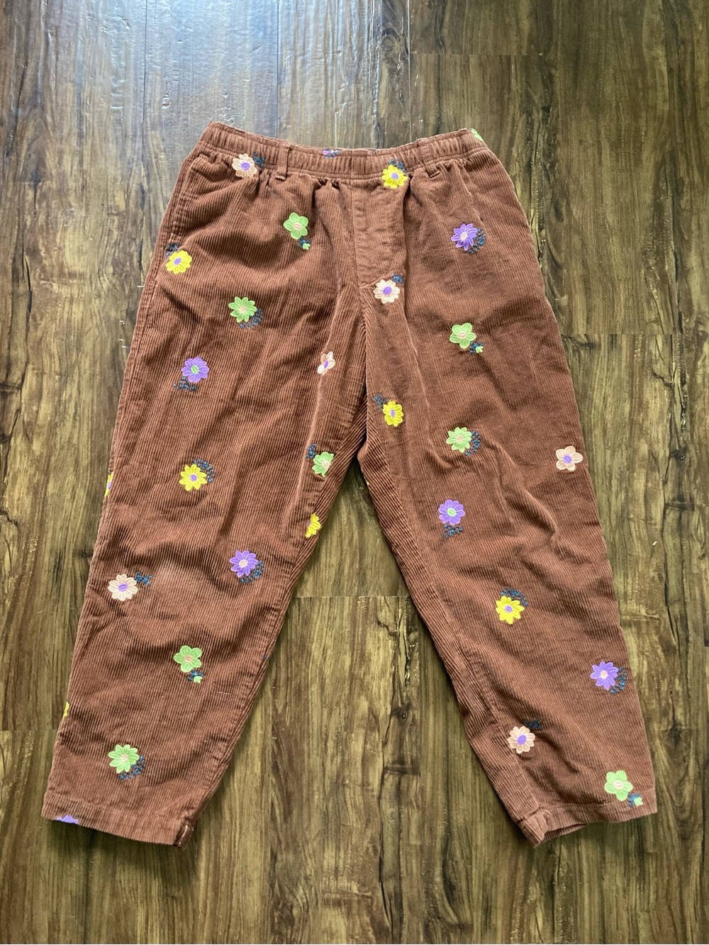 Urban Outfitters Brown Corduroy Elastic Waist Pants with Floral Embroidery